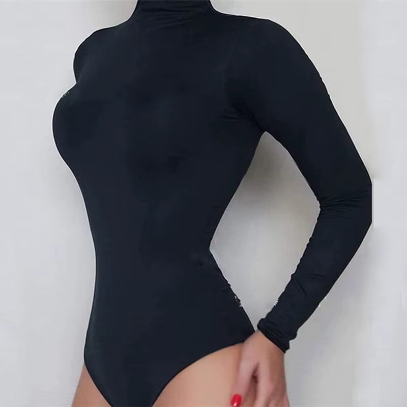 Body noir à manches longues pour femmes, automne hiver, col roulé, Sexy, moulant, taille haute, barb