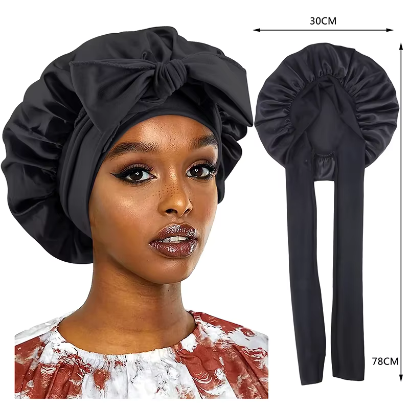 Nouveau Bonnet de couchage en Satin pour femmes, solide, large bande, cravate de tête extensible, Bo