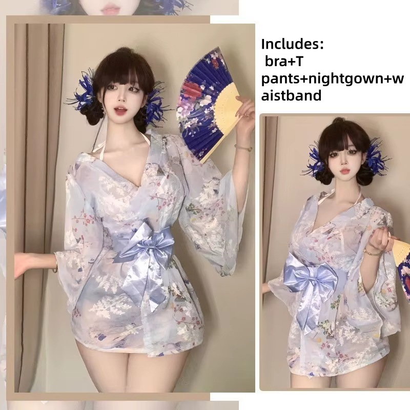 Nouvelle Robe de Nuit Kimono en Chiffon Imprimée et Brodé avec Nœud, Style Déesse de Tokyo, Sexy et
