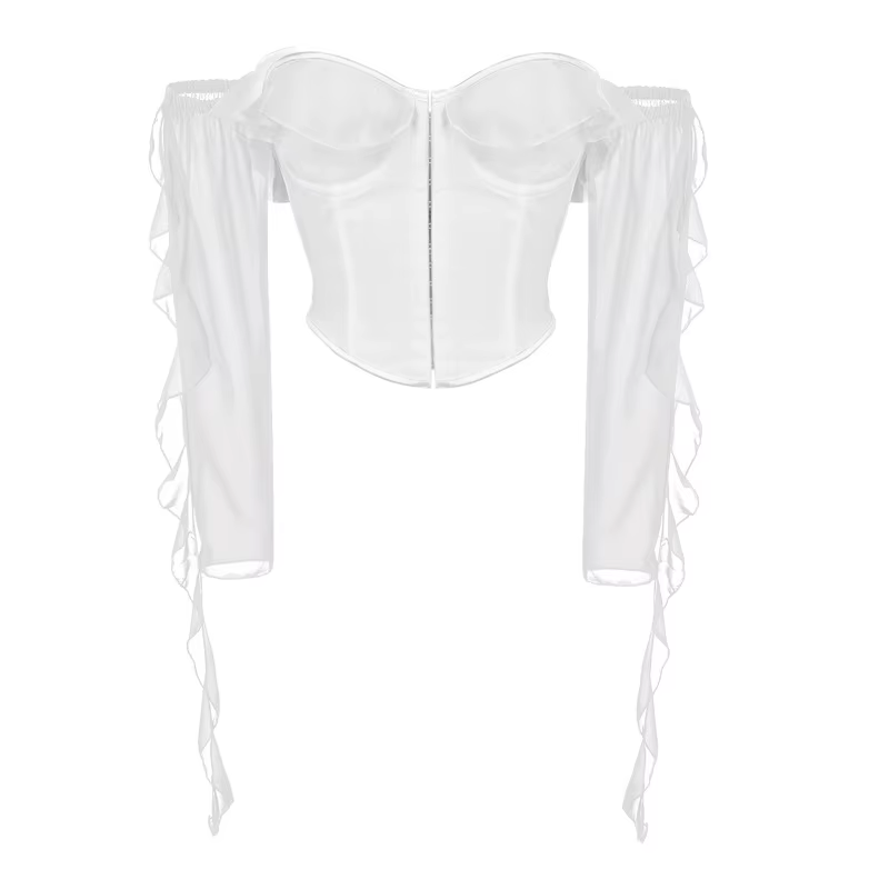 Élégant haut bustier en mousseline transparente à volants, épaules dénudées, avec fermeture avant et