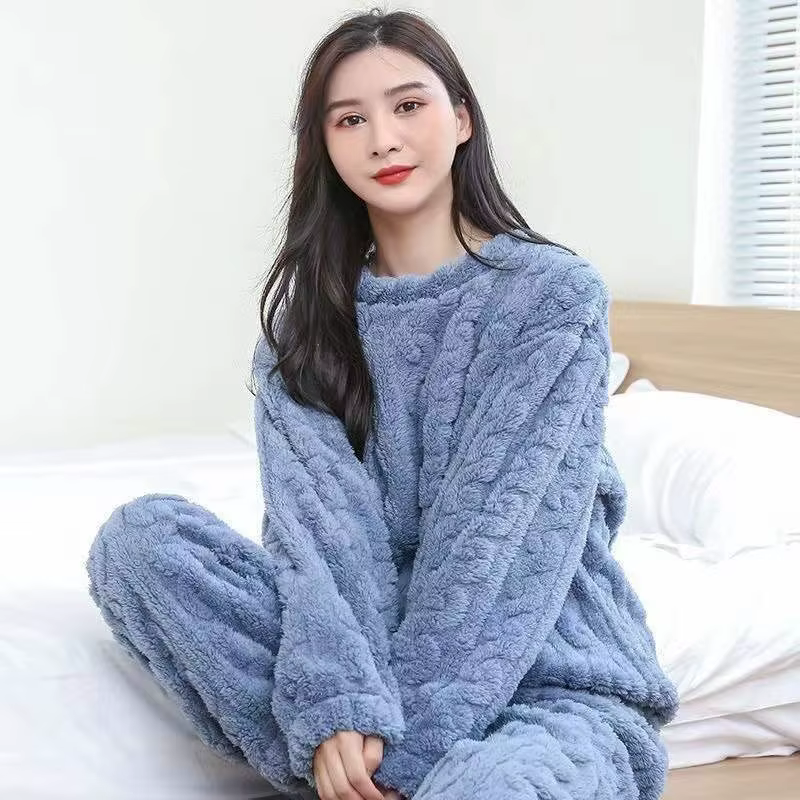 Pyjama en velours corail pour femmes, en hiver, en velours épais, Jacquard, manches longues, vêtemen