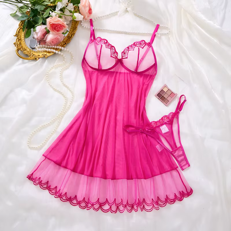 Robe de nuit pour femme en tulle rouge rose, sexy, sans manches, pyjama d'été, broderie cœur, nuiset