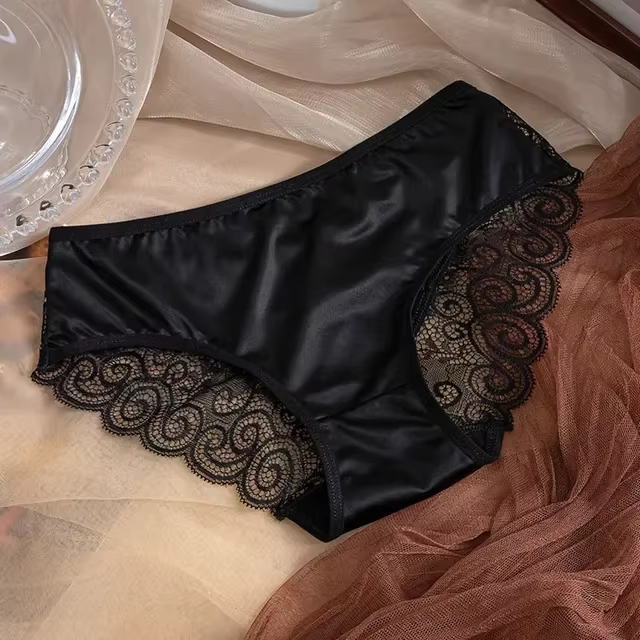 Culotte femme soie Satin sous-vêtements dentelle Lingerie Sexy respirant taille moyenne femme slips 