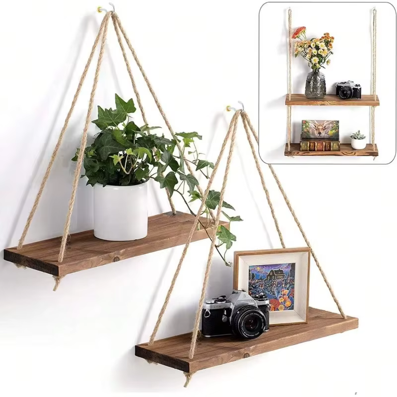 Balançoire en bois suspendue en corde de chanvre, étagère murale flottante montée pour la maison, sa