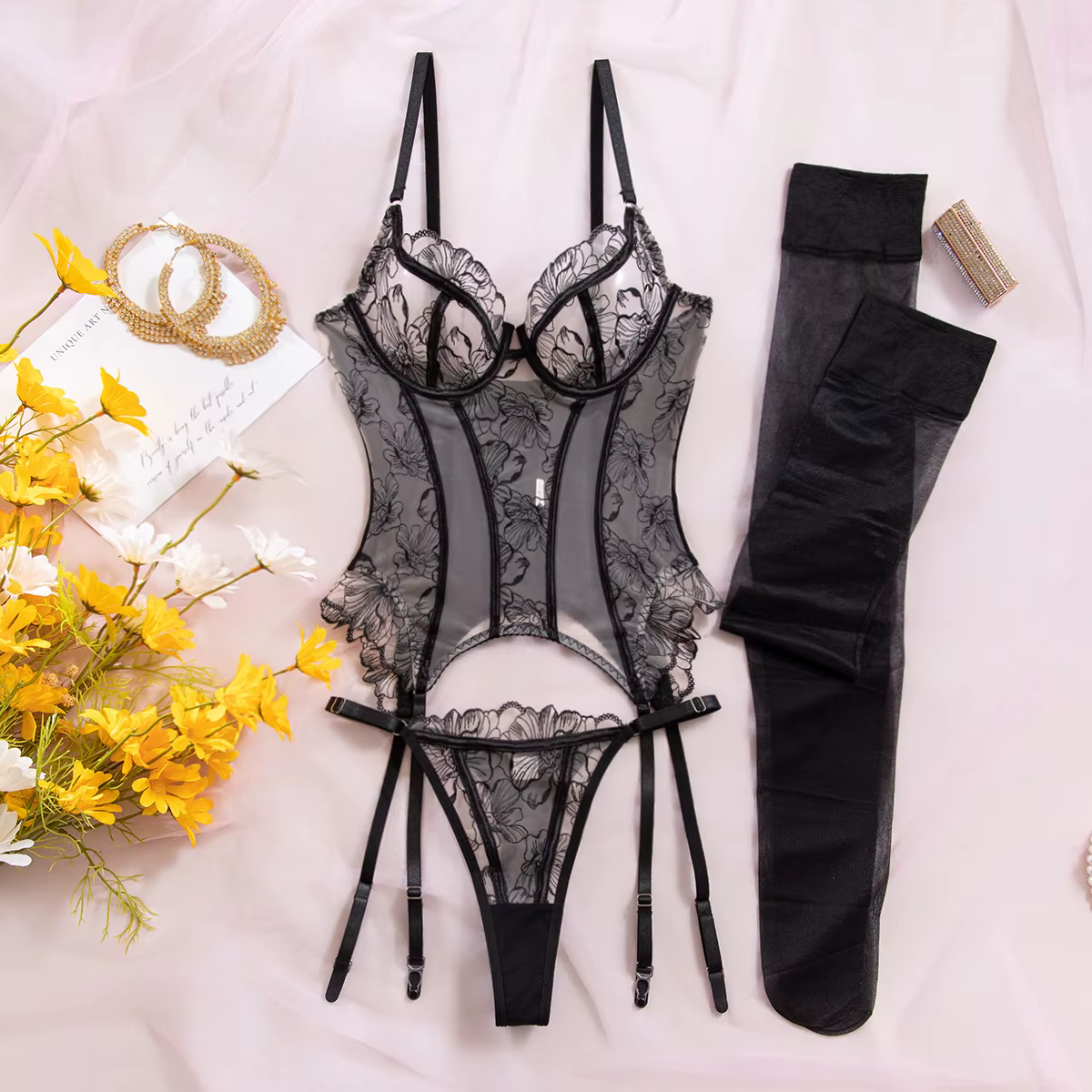 Ellolace Willowy – Ensemble de lingerie élégant pour femme, corset et string 2 pièces avec bas, moti