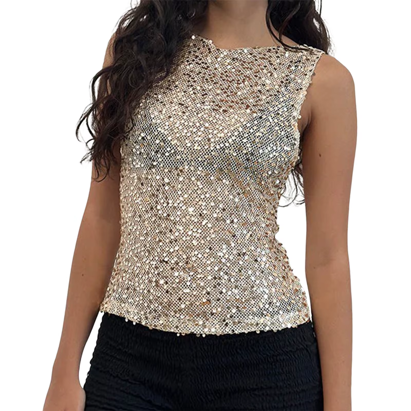 Débardeur à paillettes scintillantes pour femmes y2k, Coquette sans manches, transparent, Camisole,