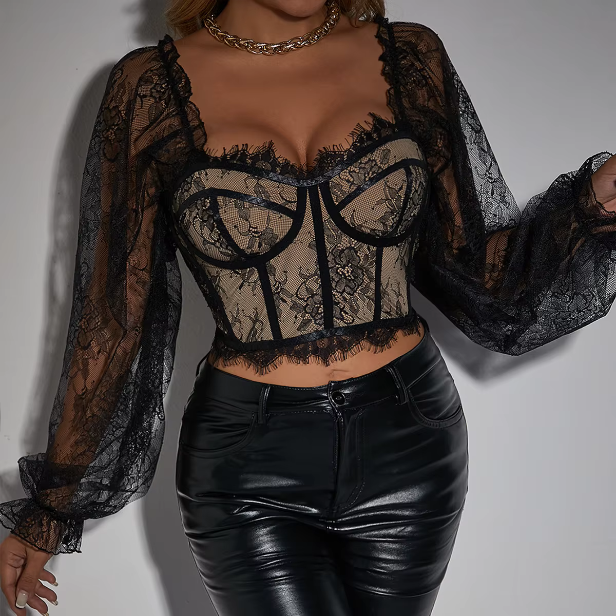 Corset en dentelle et maille pour femmes, débardeur à manches longues, haut court Sexy, mode de rue,