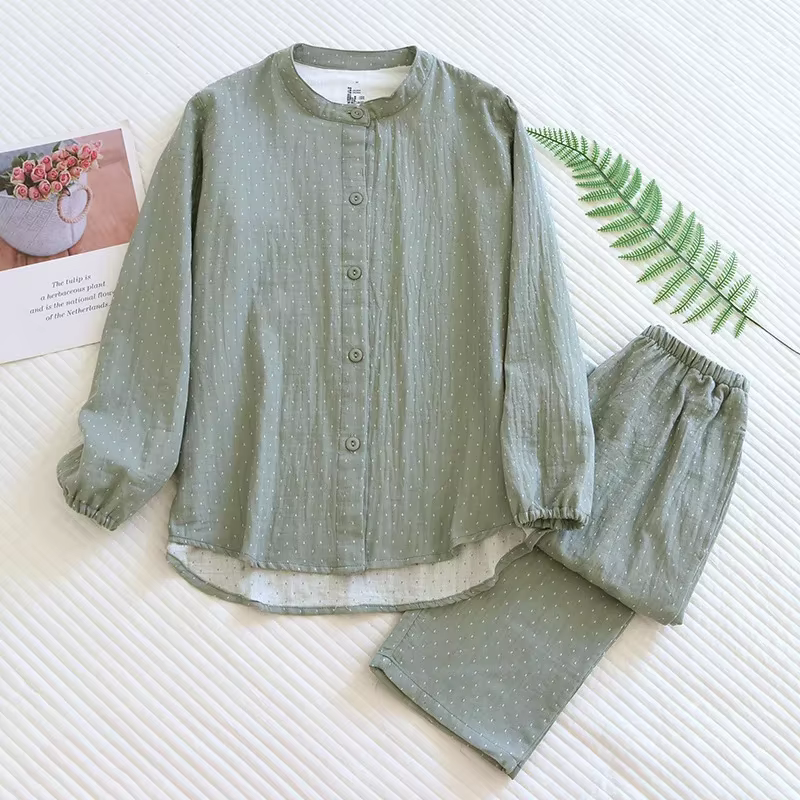 Pyjama en gaze de coton teint à pois pour femmes, ensemble de nuit Simple et décontracté à manches l