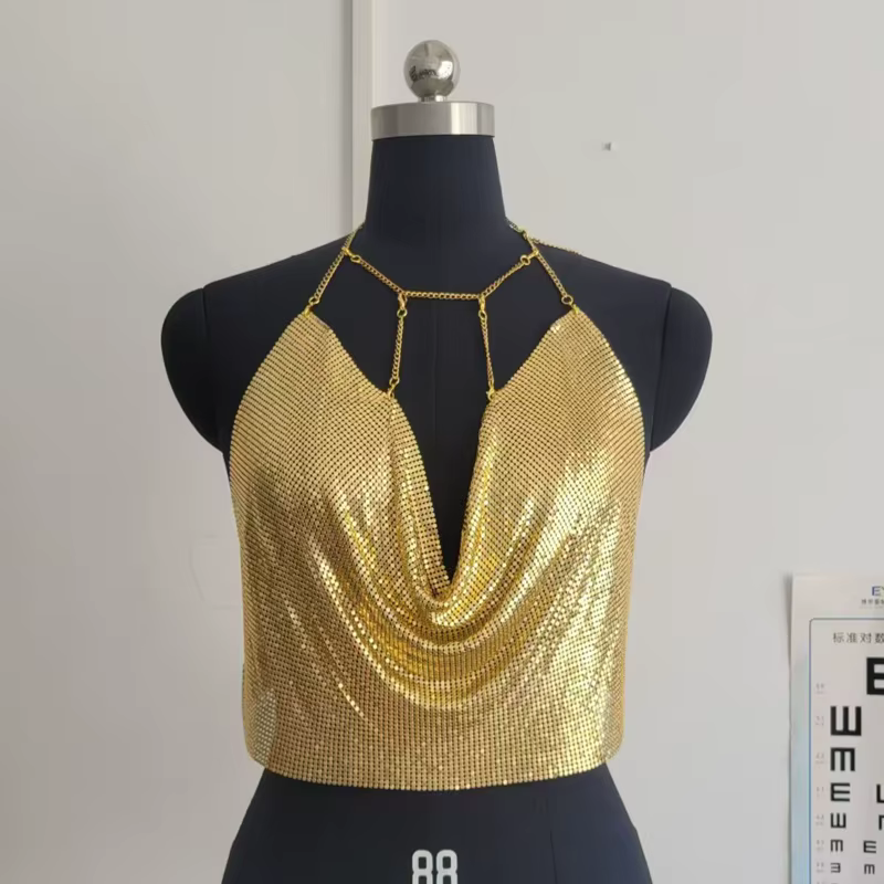 Crop top dos nu pour femme, style boîte de nuit, sexy, orné de strass, de cristaux métalliques et de