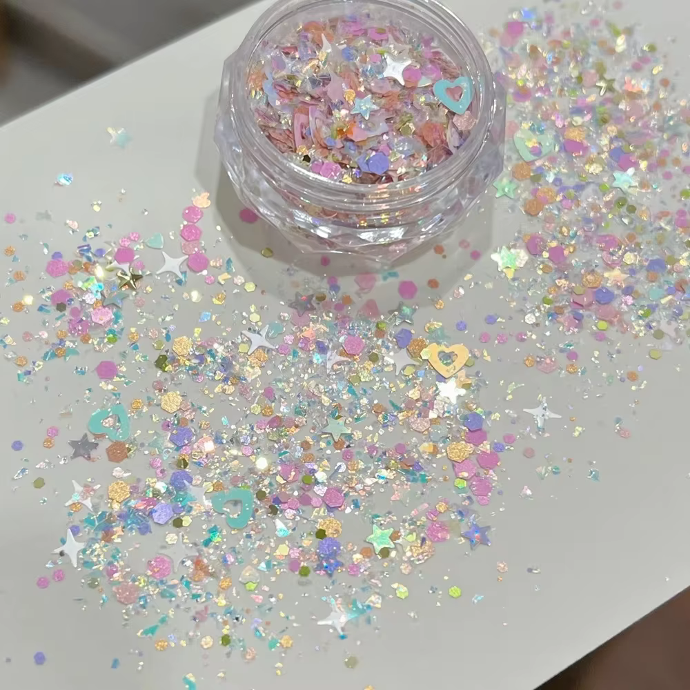 Poudre de paillettes pour ongles effet Aurore Boréale, Dopamine, Cœur Polarisé, Étoile, Grandes Pail