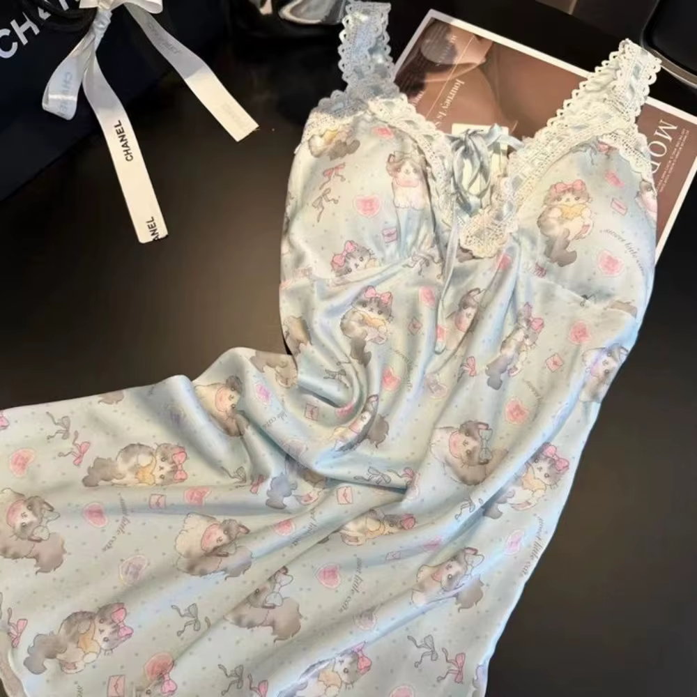 Nouvelle Arrivée Été : Robe de Nuit Courte en Soie Glacée pour Femme, Style Doux et Mignon, Imprimé 