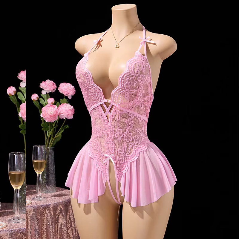 Lingerie Ultra Sexy audacieuse pour femmes, soutien-gorge à col en v, body rose, accessoires sans en