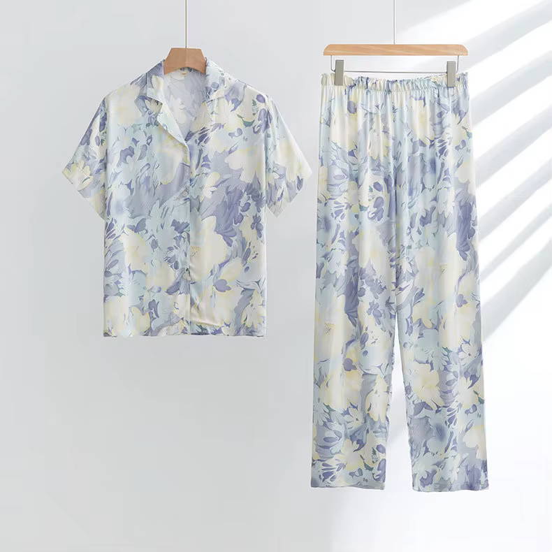 Femmes deux pièces printemps été pyjamas costumes fleur imprimé à manches longues Pijama matériel co