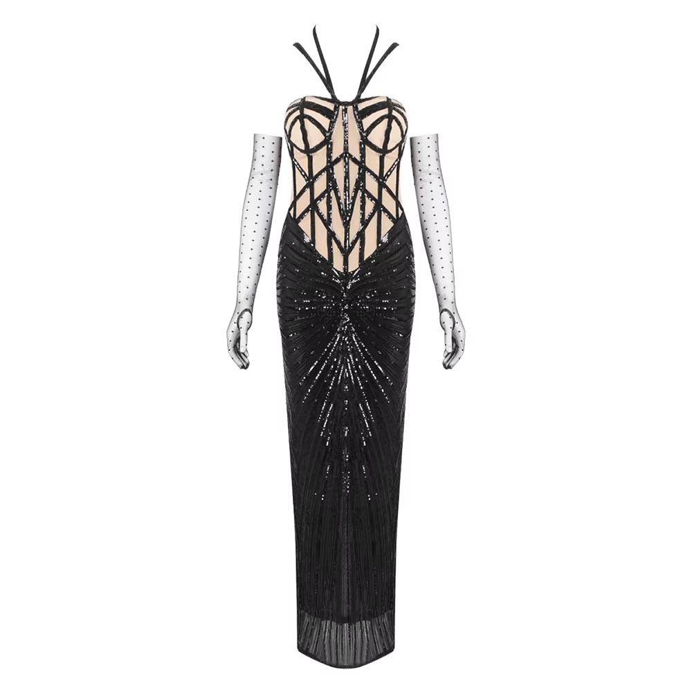 Robe de soirée corset à paillettes noires de luxe – Robe à bretelles en maille illusion pour tapis r