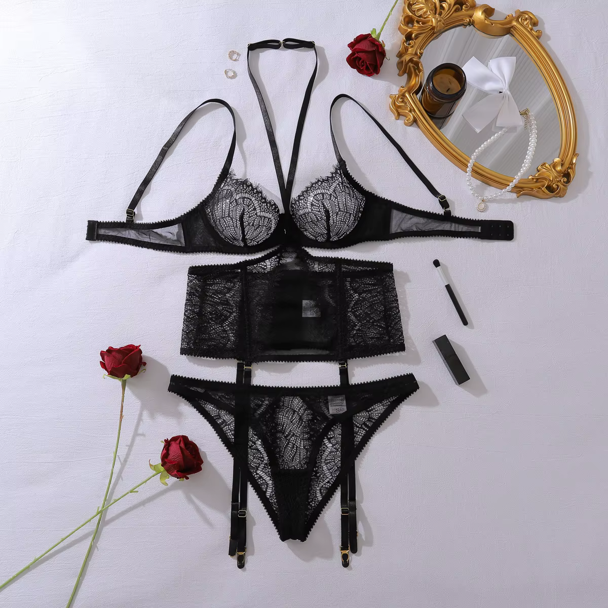 Ensembles de Lingerie érotique et Sexy, dentelle de cils exquise, col suspendu, Perspective, Corset