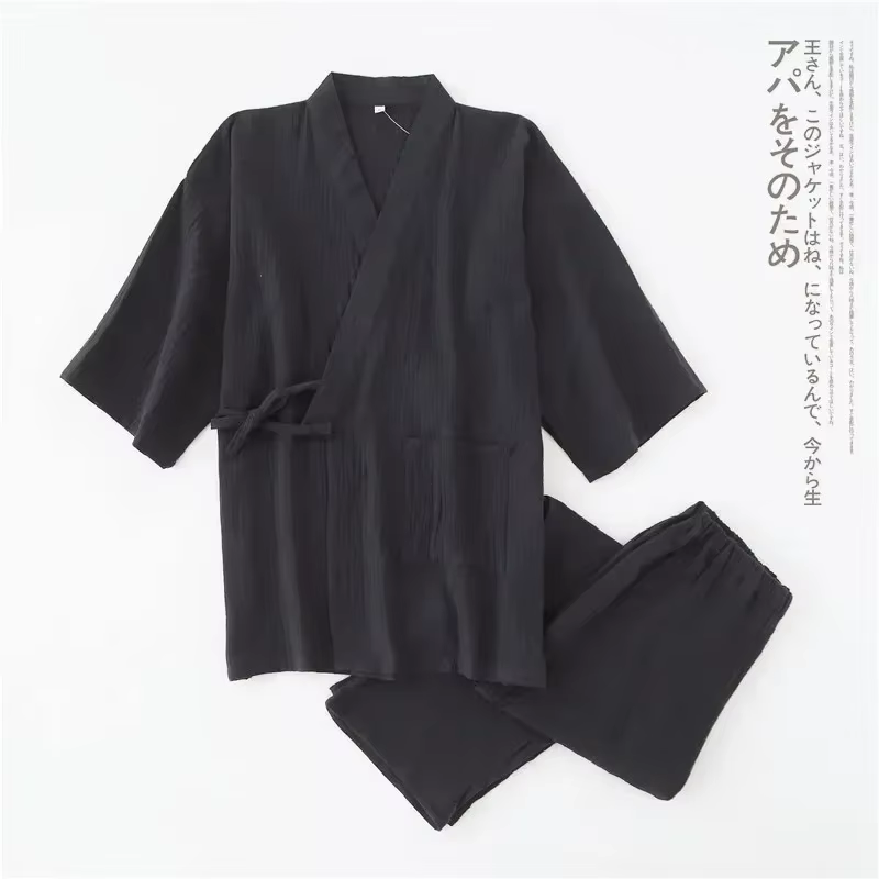 Ensemble de pyjamas en crêpe de coton 100 % pour hommes 2026, grande taille, ample, col en V, kimono