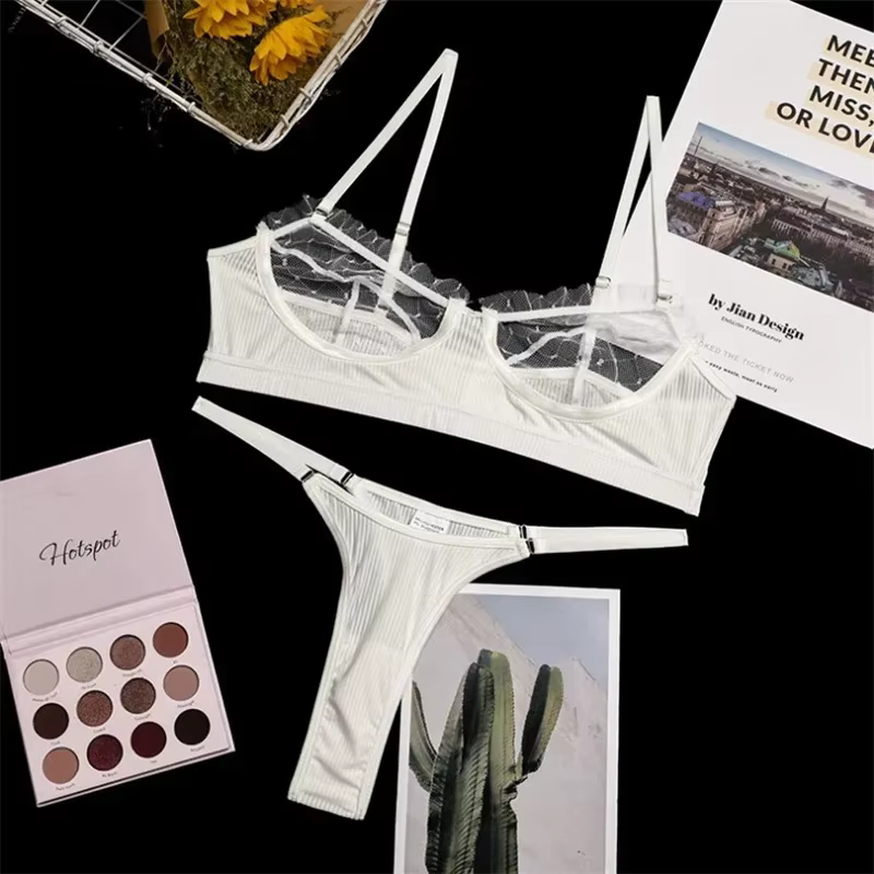 Ensemble de sous-vêtements 2 pièces en dentelle et maille à volants pour femmes, soutien-gorge Trans