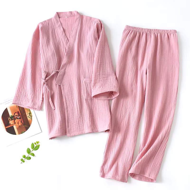 Hommes et femmes 100% coton pyjamas grande taille peignoirs amples col en v Kimono Pijama Mujer troi