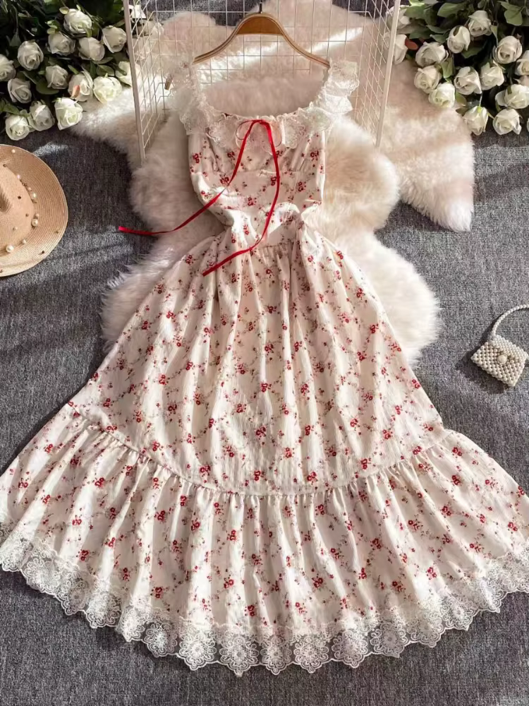Robe à Bretelles Femme, Imprimé Dentelle, Style Français, Douce et Élégante, avec Nœud, Coupe Ajusté