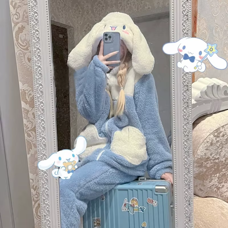 Pyjama en peluche Kawaii Cinnamoroll pour femme, vêtements de maison à capuche, vêtements de dessin