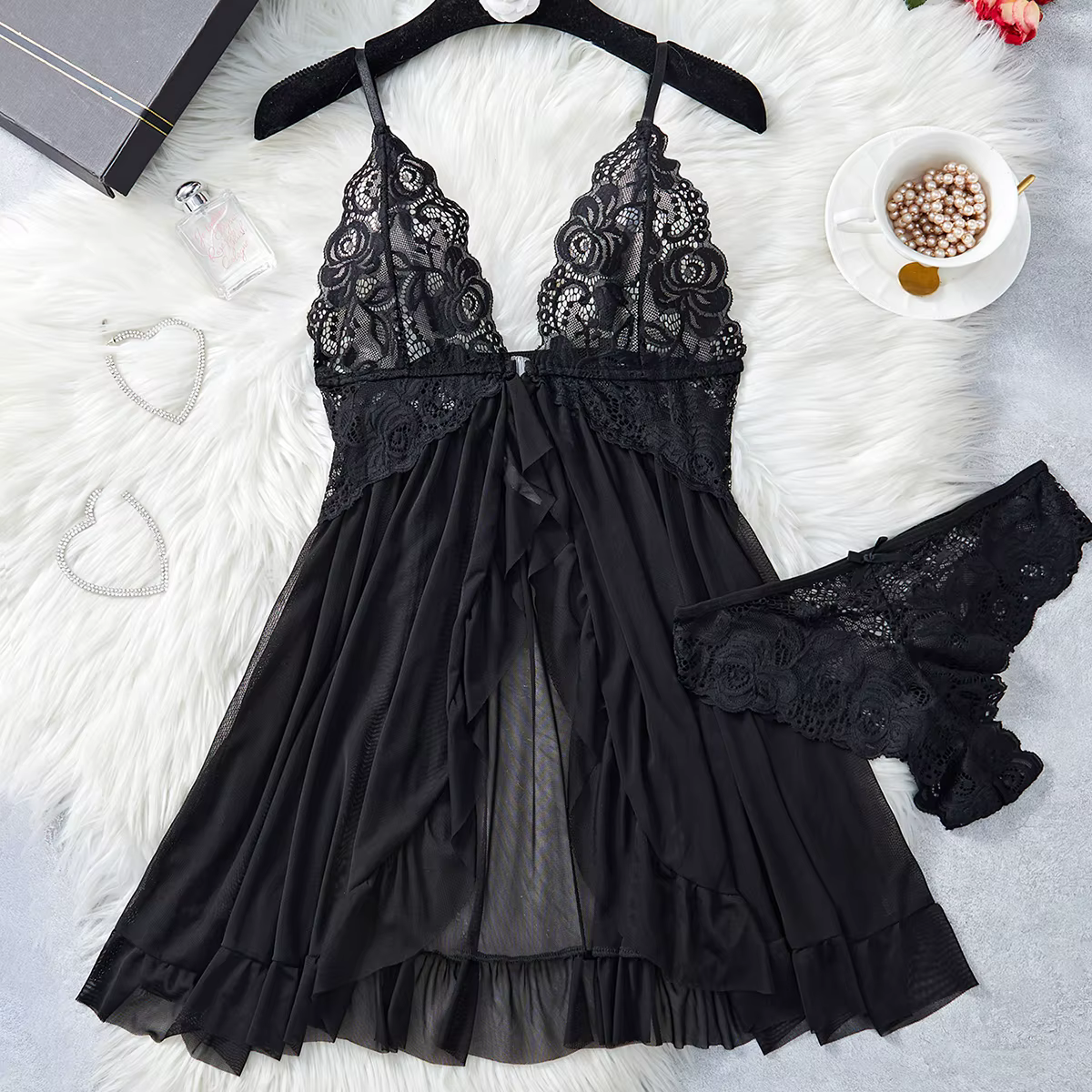 Chemise de nuit et culotte en dentelle transparente pour femmes, lingerie sexy bleue, sous-vêtements