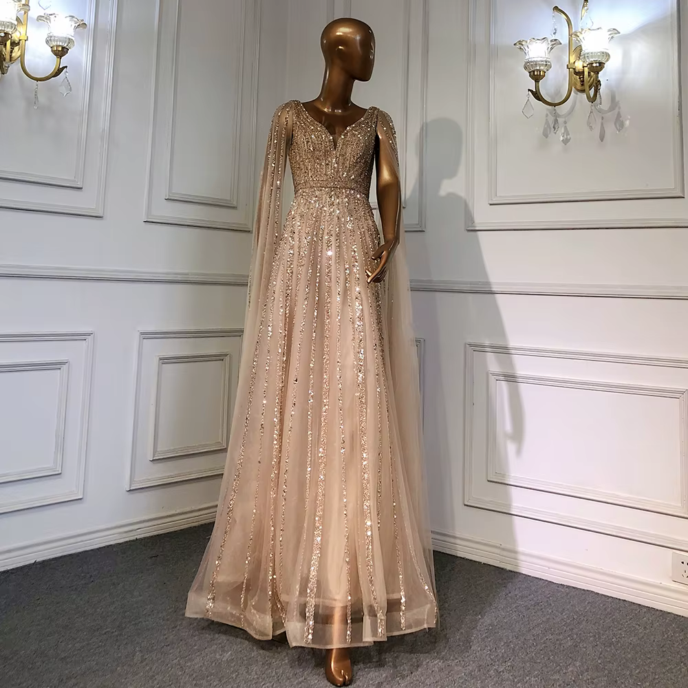 Robe de soirée de forme trapèze, luxueuse tenue de soirée arabe, couleur chair, manches cape, perles