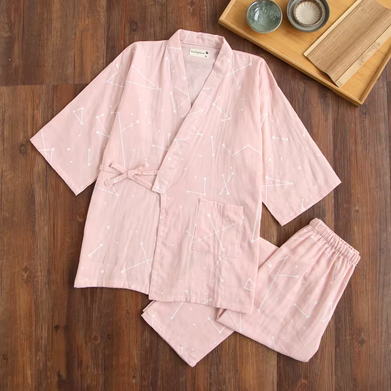 2025 nouveau style japonais kimono pyjamas ensemble amoureux pyjamas sept manches femme 100% coton g