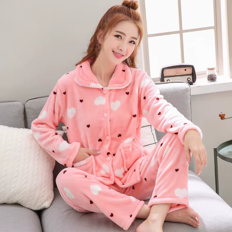 Pyjama chaud en velours de corail pour femme, vêtement de maison, rembourré, épais, en flanelle douc