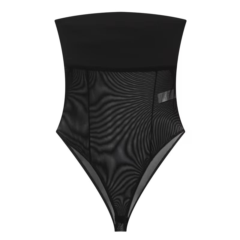 Body transparent noir sans bretelles en maille pour femme, corset sexy, haut bustier, nouvelle colle