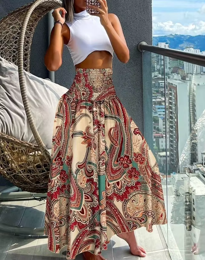 Demi-jupe trapèze à gros volants, imprimé de plage fin, Vintage, taille élastique, motif Floral, été