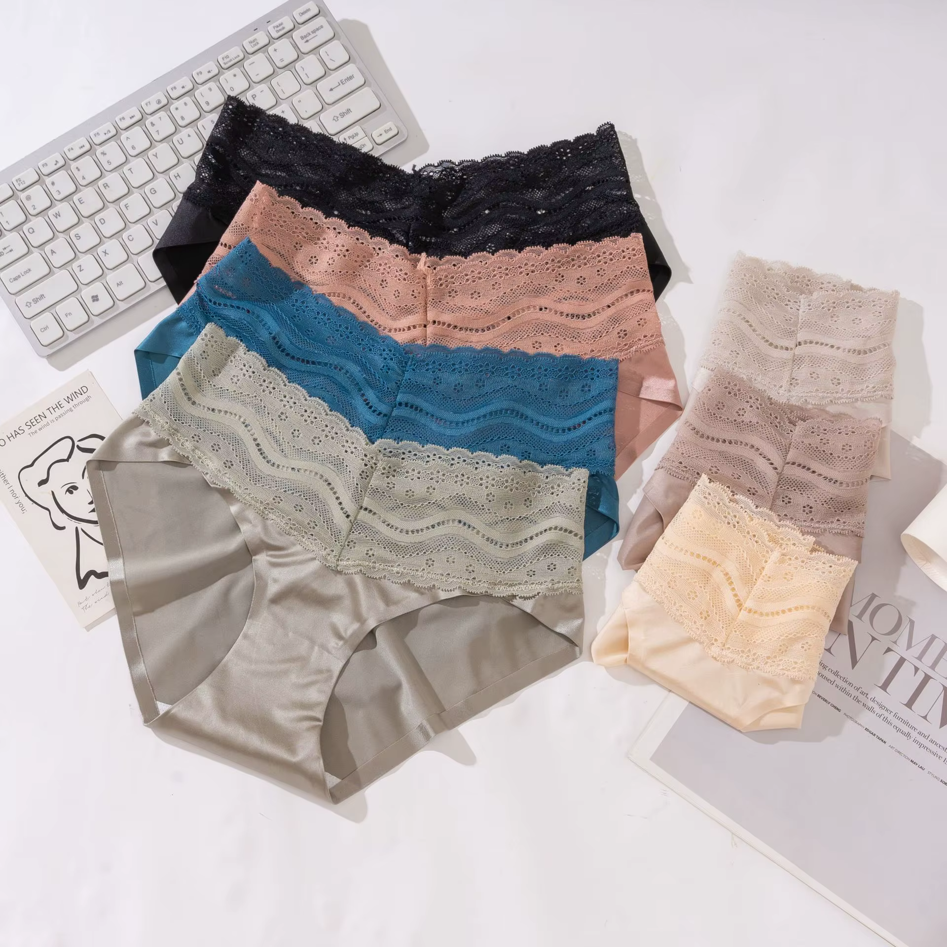 Culottes en dentelle pour femmes, sous-vêtements en satin doux taille mi-haute, ceinture ondulée à m
