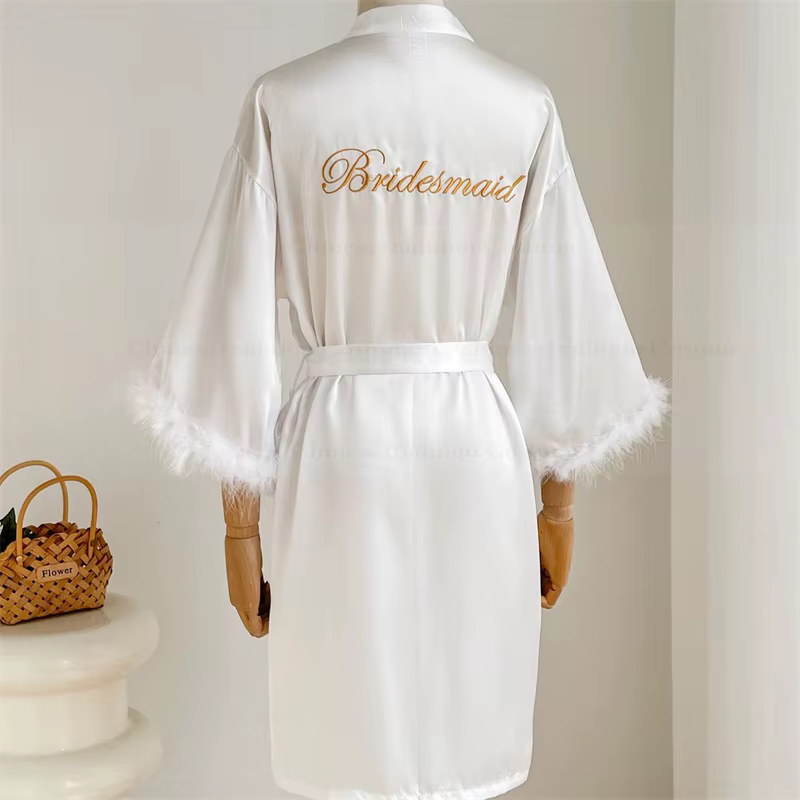 Robes De Novia Satin Kimono femmes Robe courte plume manches mariée Robe De mariée Sexy Lingerie Pij
