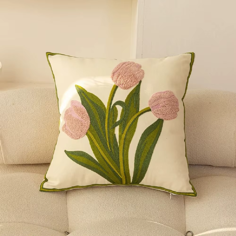 Housse de coussin en pur coton brodé tulipe, taie d'oreiller de printemps, pour Patio extérieur, déc