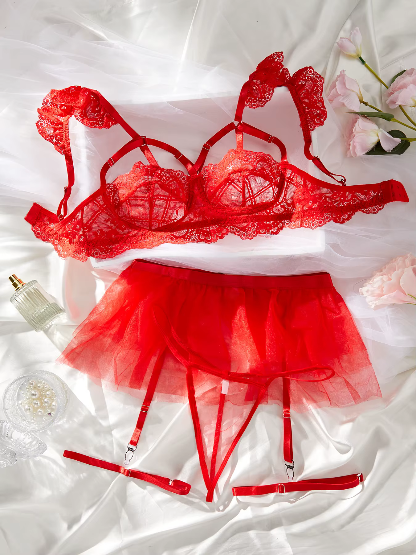 Ensemble de lingerie semi-transparente bleu confortable et léger pour femmes, ensemble de lingerie s