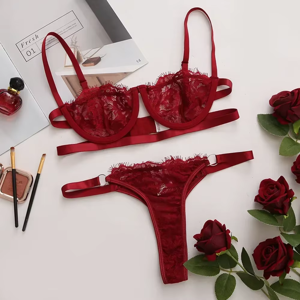 Ensemble soutien-gorge et culotte érotique Sexy pour femme, sous-vêtements transparents en dentelle,