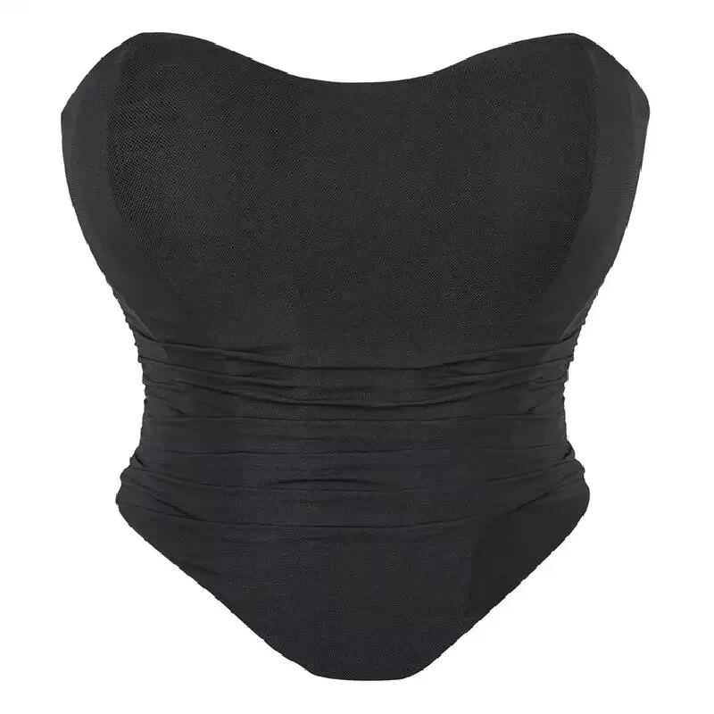 Vin rouge élégant maille froncé ruban de poisson cravate dos dos nu ourlet incurvé Bustier Corset Bo
