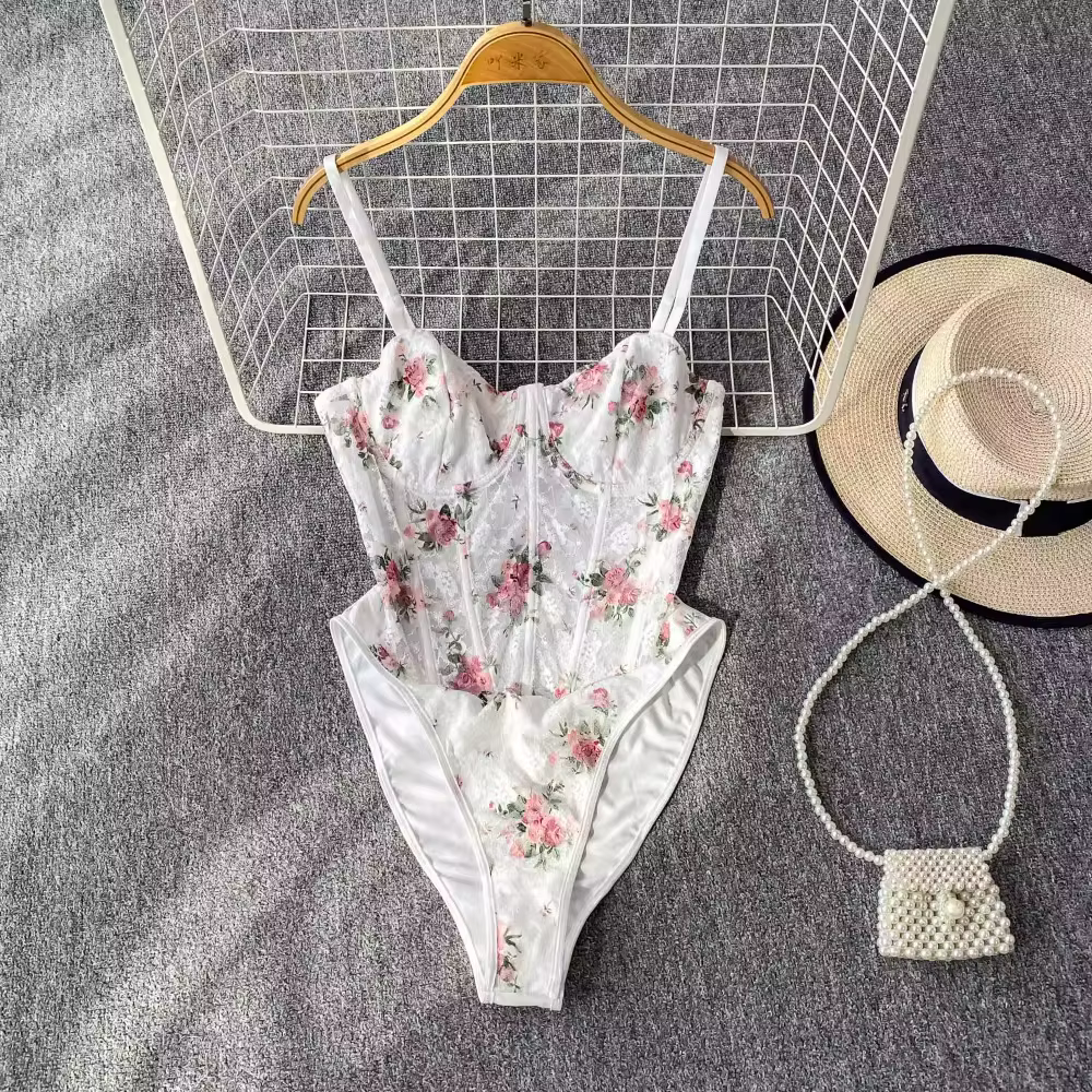 Foamlina européen blanc doux Floral Bandeau licou body haut femmes été arête de poisson taille cintr