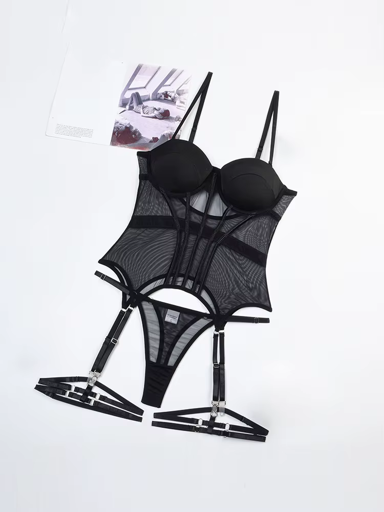 Belamimi Ensemble de lingerie de luxe 3 pièces pour femme, body dos nu avec jarretière, robes sexy, 