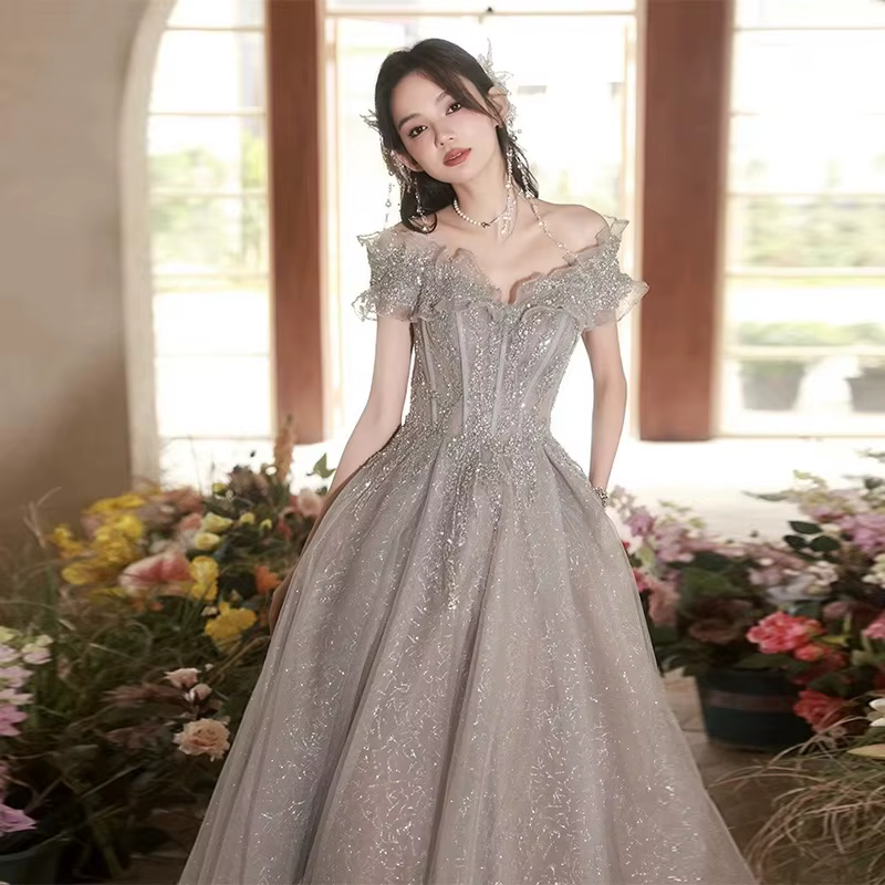 Robe de soirée longue grise élégante, robe d'anniversaire, douce mémoire, robes de retour pour femme