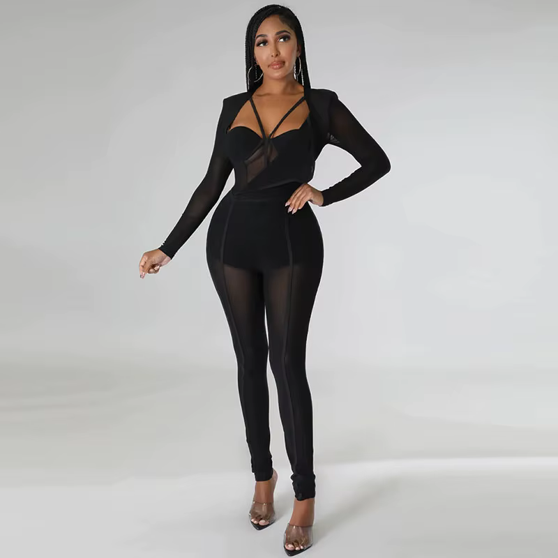 Combinaison transparente en patchwork de maille pour femmes, barboteuses une pièce, tenues de fête d