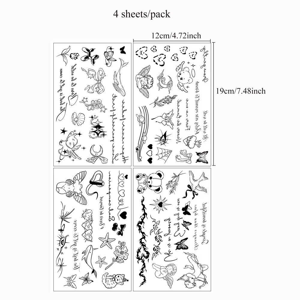 4 feuilles de tatouages temporaires papillon, fleur, lune, pour femmes et hommes, autocollants imper