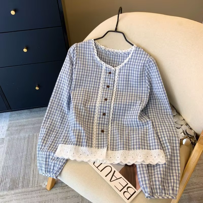 Chemisier bleu à carreaux pour femme avec dentelle, chemise boutonnée à manches longues et col rond,