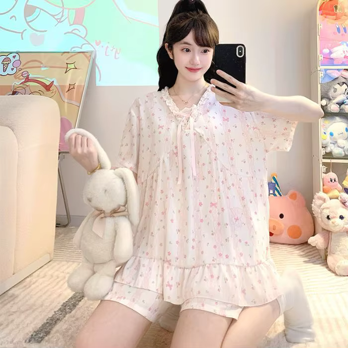 Ensemble de pyjama grande taille pour femme, été, fin, style princesse, manches courtes, short, 2 pi