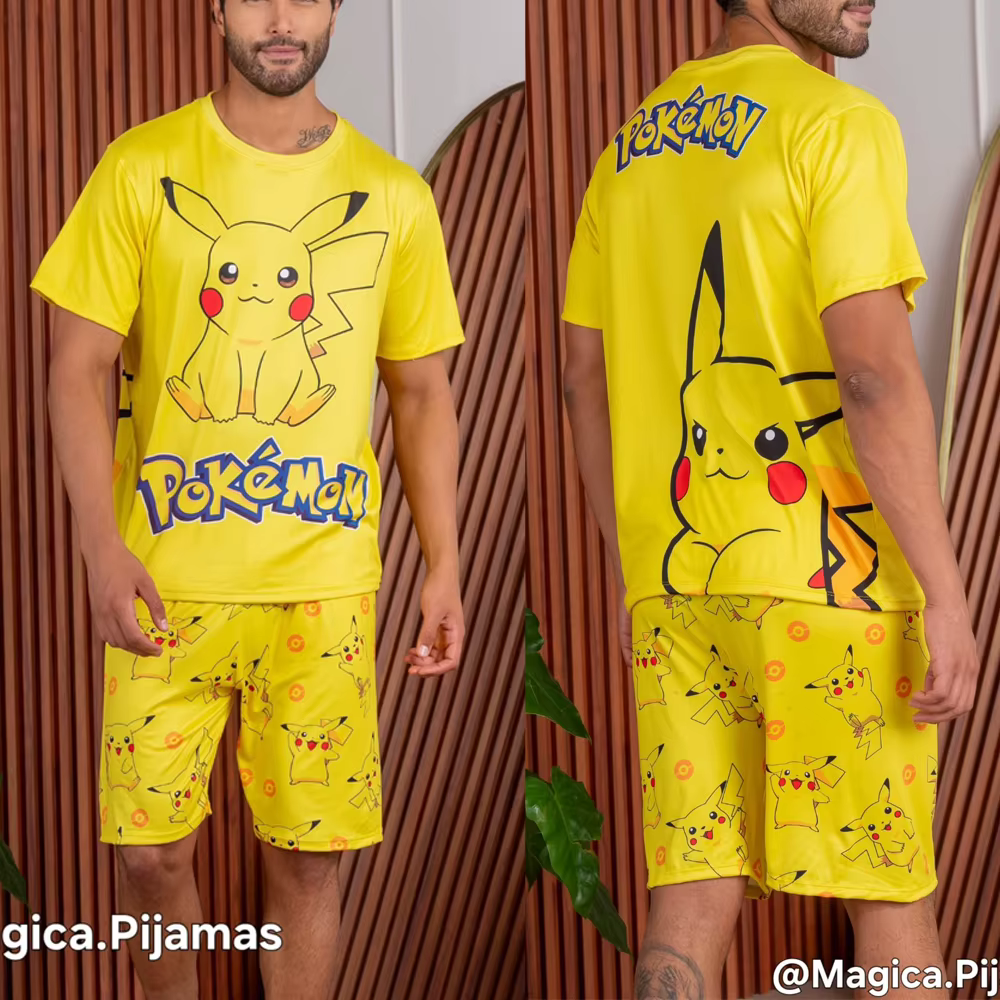 Ensemble pyjama Bandai Pikachu Pocket Monster Anime pour adultes et enfants, t-shirt et short, ensem