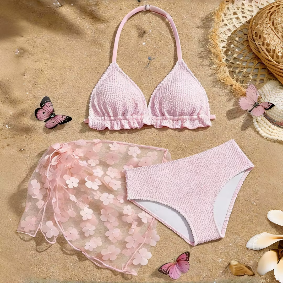 Ensemble de bikinis 3 pièces pour adolescentes et jeunes filles, jupe de plage en maille florale 3D,