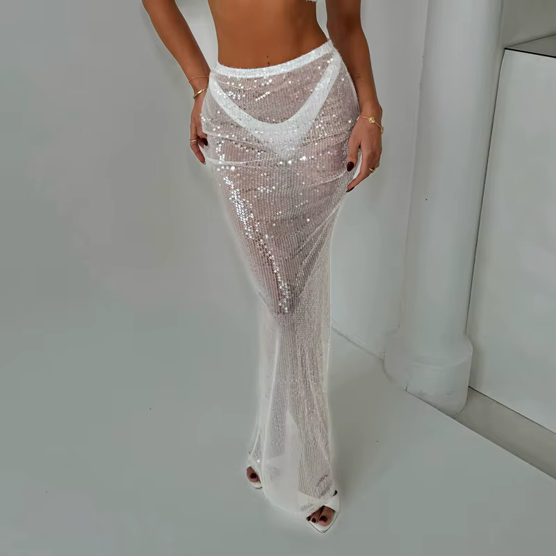 Jupe longue sirène transparente, taille haute scintillante, moulante, Sexy, à paillettes, Maxi, tend
