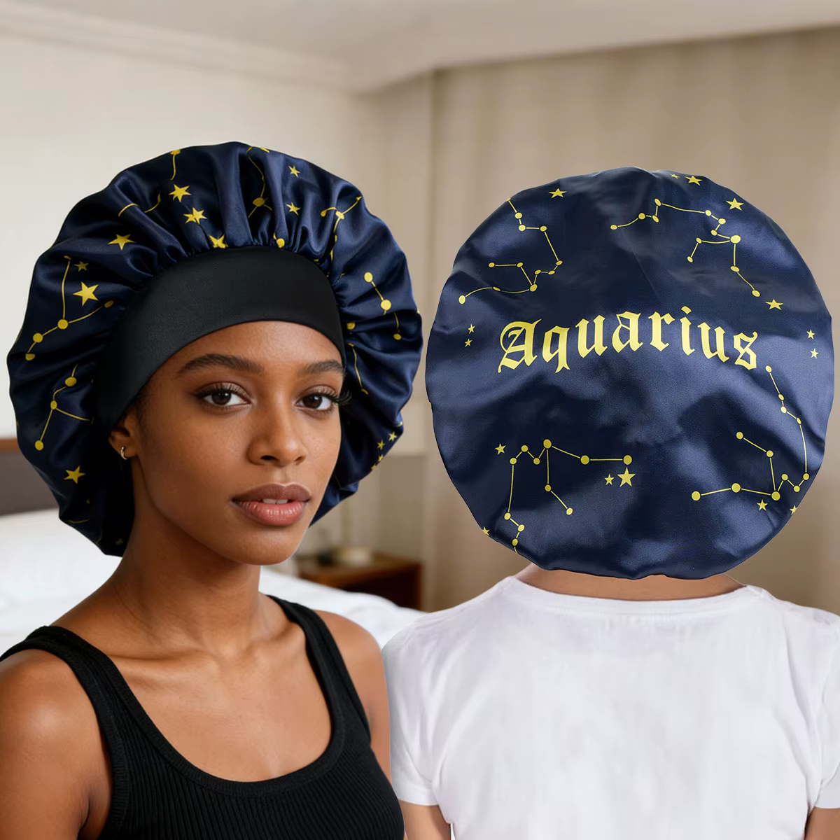 Bonnets de nuit en satin pour femmes des 12 signes du zodiaque, bonnets de soin des cheveux au desig