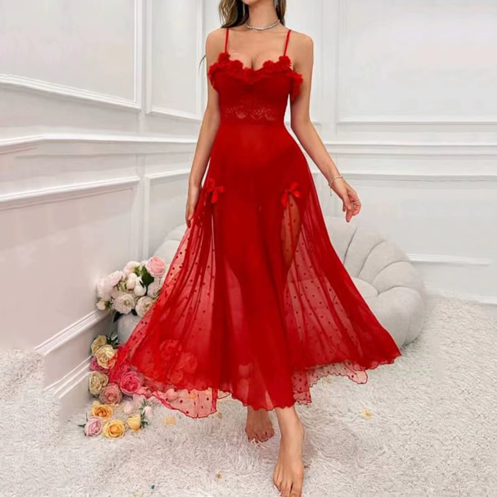 PerconsiderLace-Robe de lingerie en dentelle pour femme, fente haute, longue, maxi, sans couture, tr