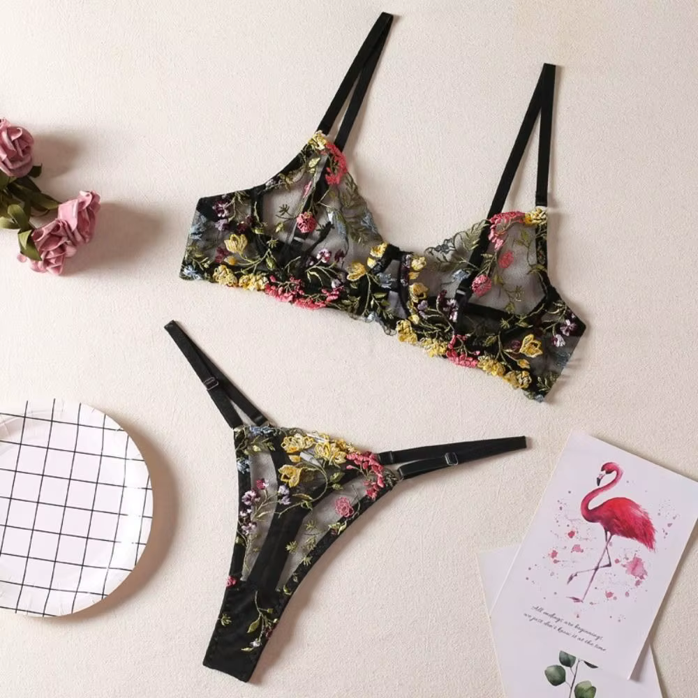 Ensemble de Lingerie florale polyvalente 2 pièces, sous-vêtements transparents brodés pour femmes, i