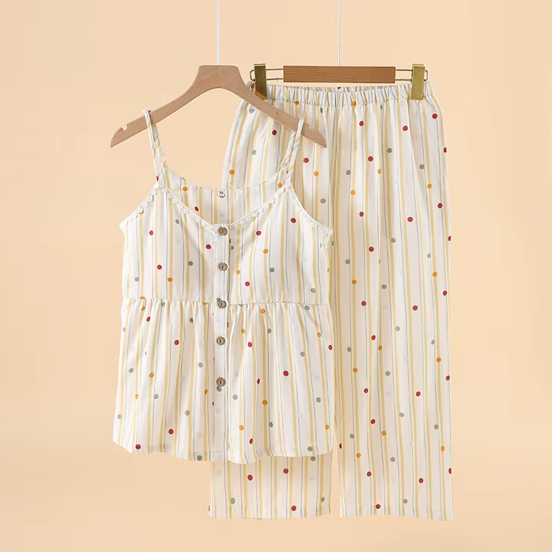 Pyjama en gaze Double couche de coton 2025 pour femmes, coussin de poitrine, pantalon à bretelles, v